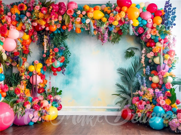 Kate Painterly Fine Art Fun Tropical Flower Backdrop Balloon Arch Watercolor Wall Designed by Mini MakeBelieve - Kate Backdrop AU
