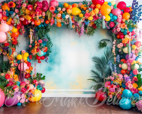 Kate Painterly Fine Art Fun Tropical Flower Backdrop Balloon Arch Watercolor Wall Designed by Mini MakeBelieve - Kate Backdrop AU