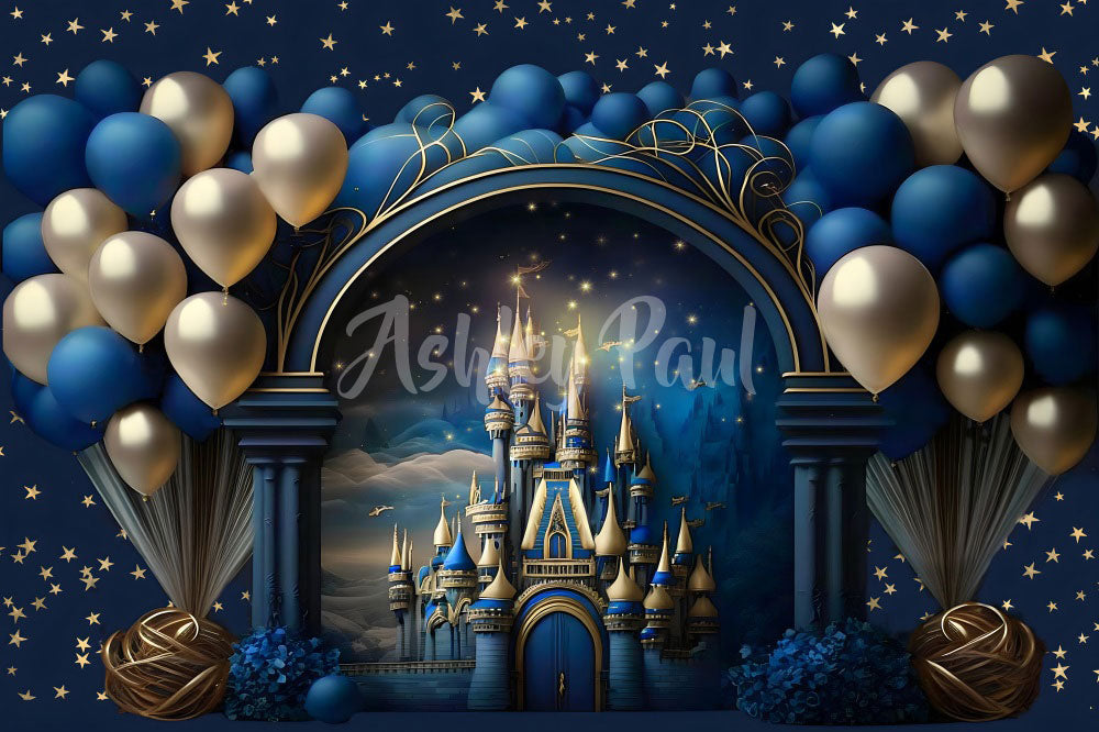 Kate Prince Birthday Backdrop Balloons Blue Castle Designed by Ashley Paul - Kate Backdrop AU