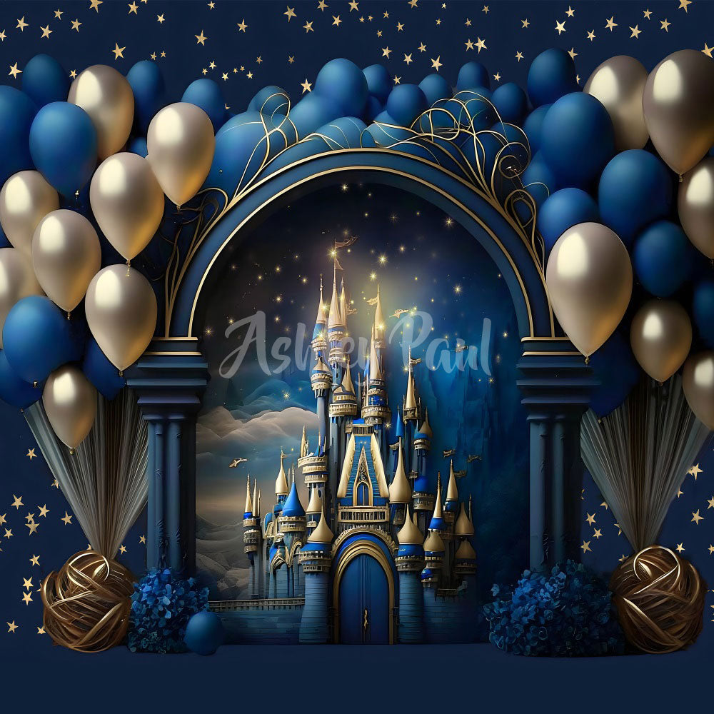 Kate Prince Birthday Backdrop Balloons Blue Castle Designed by Ashley Paul - Kate Backdrop AU