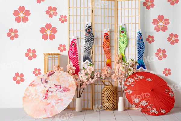 Kate Japanese Umbrella Backdrop Cherry Blossom Carp Streamer Designed by Emetselch - Kate Backdrop AU