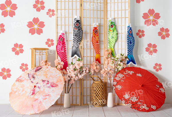 Kate Japanese Umbrella Backdrop Cherry Blossom Carp Streamer Designed by Emetselch - Kate Backdrop AU