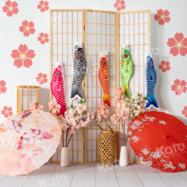 Kate Japanese Umbrella Backdrop Cherry Blossom Carp Streamer Designed by Emetselch - Kate Backdrop AU