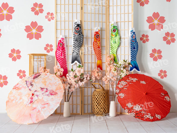 Kate Japanese Umbrella Backdrop Cherry Blossom Carp Streamer Designed by Emetselch - Kate Backdrop AU