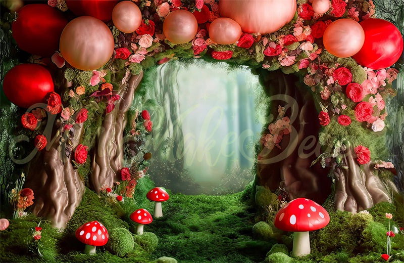 Kate Mushroom Forest Scattered Balloons Backdrop Designed by Mini MakeBelieve