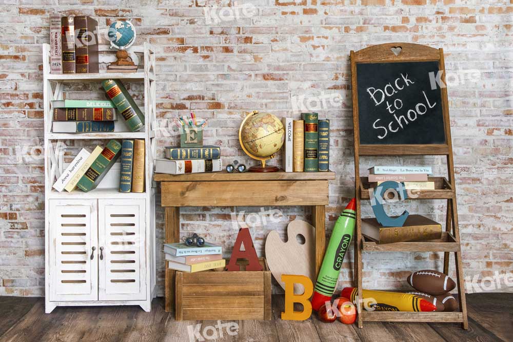 Kate Back to School Backdrop Bookshelf Brick Wall Designed by Emetselch - Kate Backdrop AU