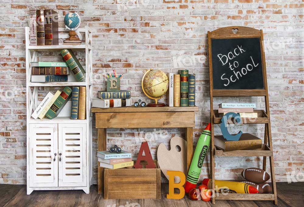 Kate Back to School Backdrop Bookshelf Brick Wall Designed by Emetselch - Kate Backdrop AU