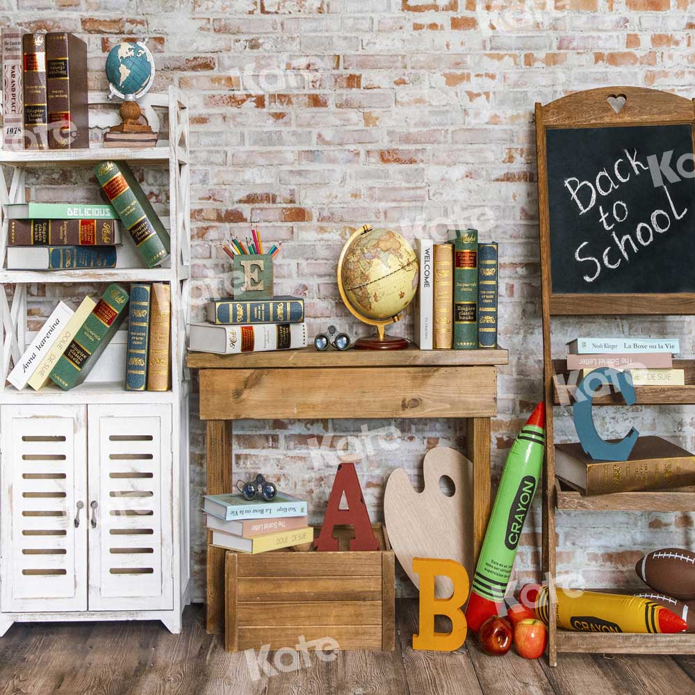 Kate Back to School Backdrop Bookshelf Brick Wall Designed by Emetselch - Kate Backdrop AU