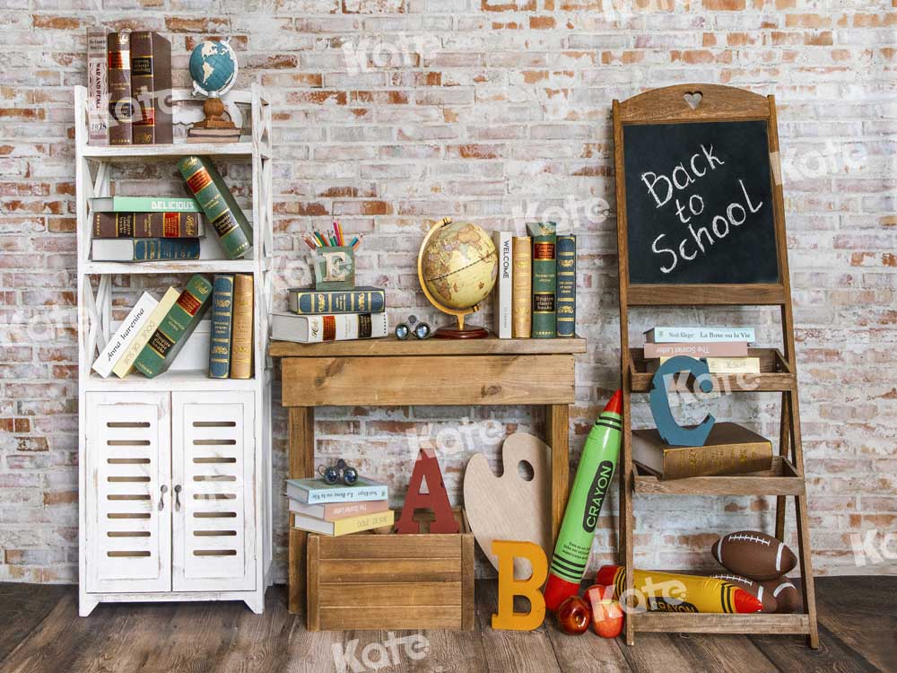 Kate Back to School Backdrop Bookshelf Brick Wall Designed by Emetselch - Kate Backdrop AU