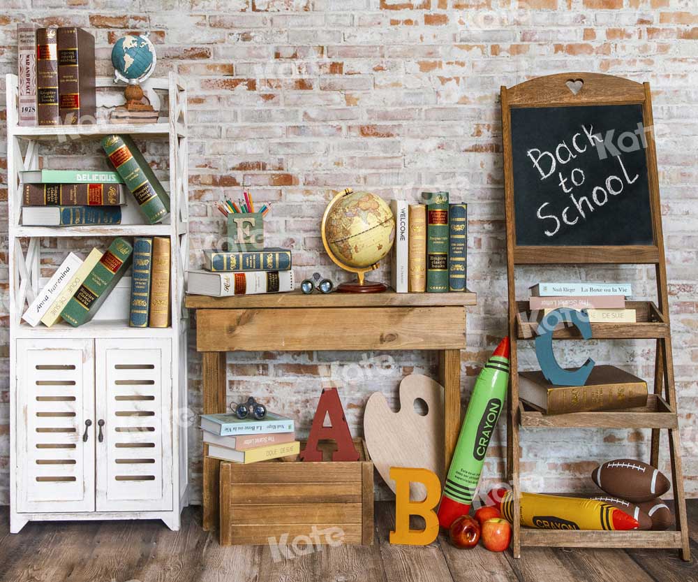 Kate Back to School Backdrop Bookshelf Brick Wall Designed by Emetselch - Kate Backdrop AU