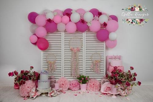 Kate Cake Smash Backdrop Pink Florals Balloons Designed by Csilla Kancsar - Kate Backdrop AU