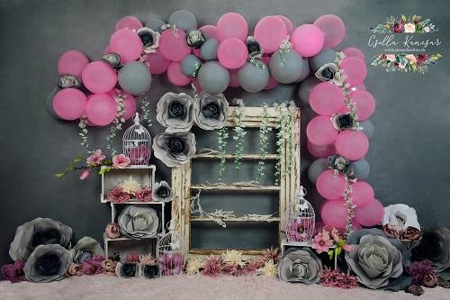 Kate Cake Smash Backdrop Grey&Pink Balloons Designed by Csilla Kancsar - Kate Backdrop AU