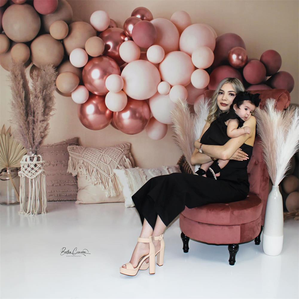 Kate Boho Balloons Backdrop Macrame Pillows Matte Pink Designed by Mandy Ringe Photography - Kate Backdrop AU