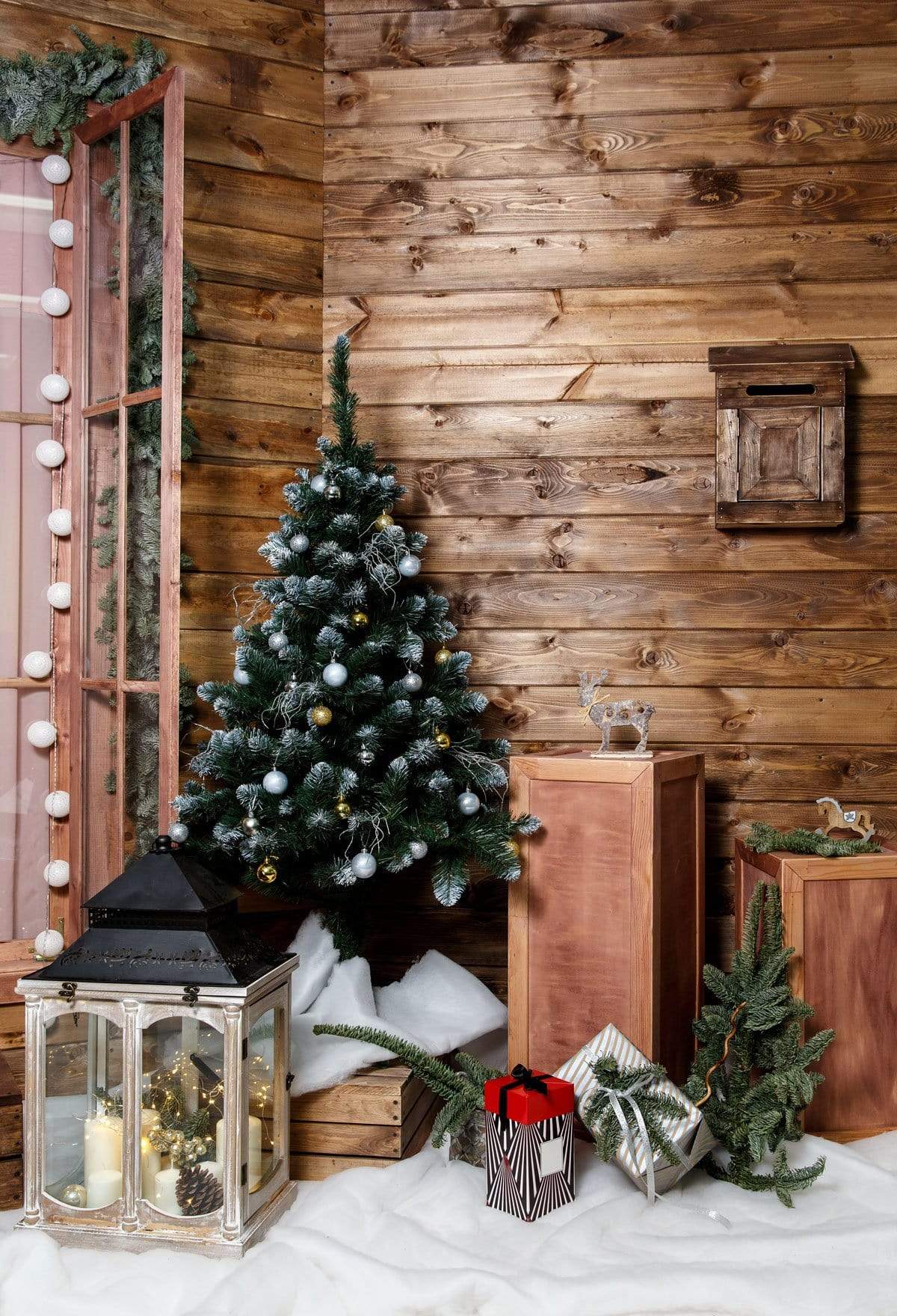 Kate Wood Wall And Christmas Tree With Decorations for Photography