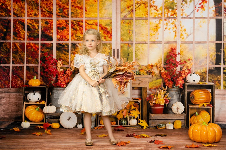 Kate Autumn Backdrop Pumpkin Halloween Thanksgiving Sunflower Window Designed by Uta Mueller Photography