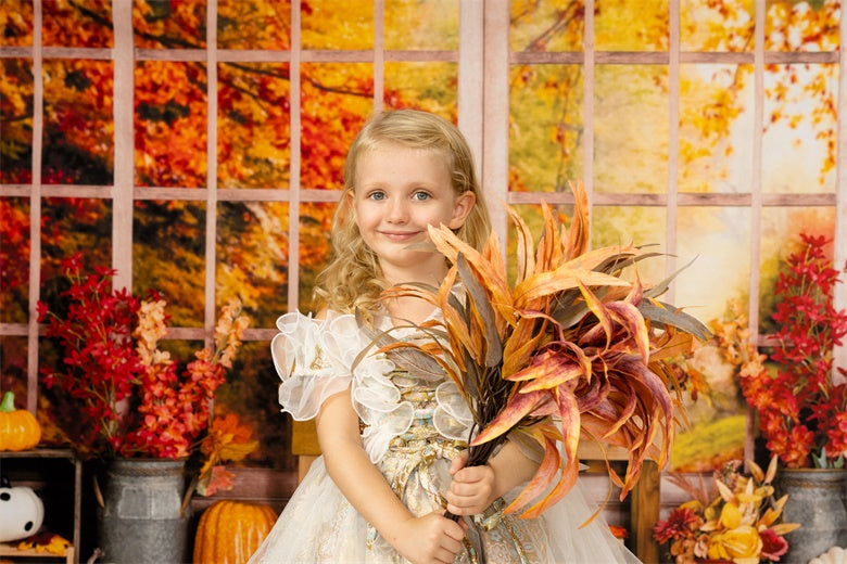 Kate Autumn Backdrop Pumpkin Halloween Thanksgiving Sunflower Window Designed by Uta Mueller Photography