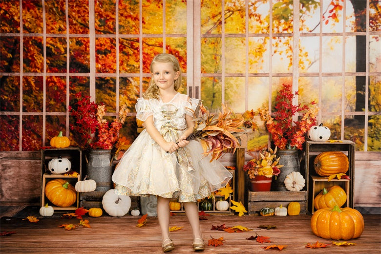 Kate Autumn Backdrop Pumpkin Halloween Thanksgiving Sunflower Window Designed by Uta Mueller Photography