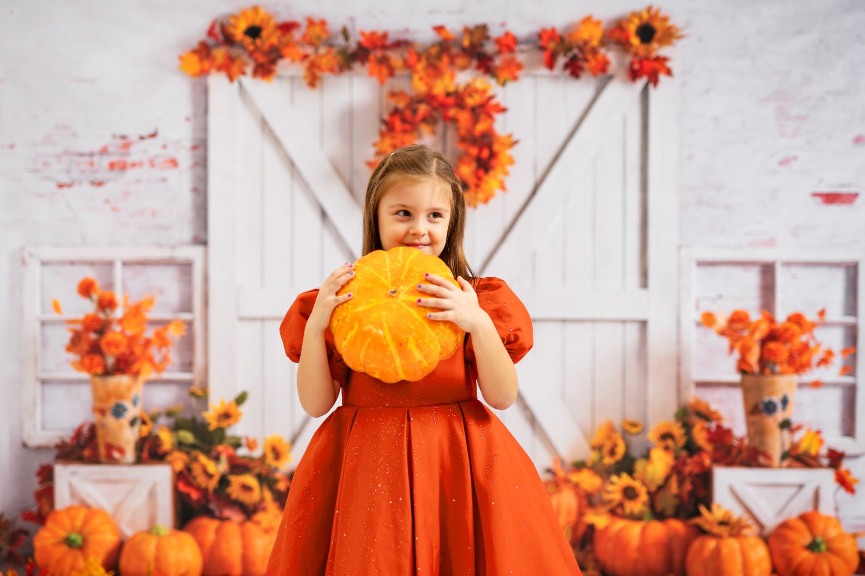 Kate Autumn Pumpkin Backdrop White Barn Door Fallen leaves Designed by Emetselch