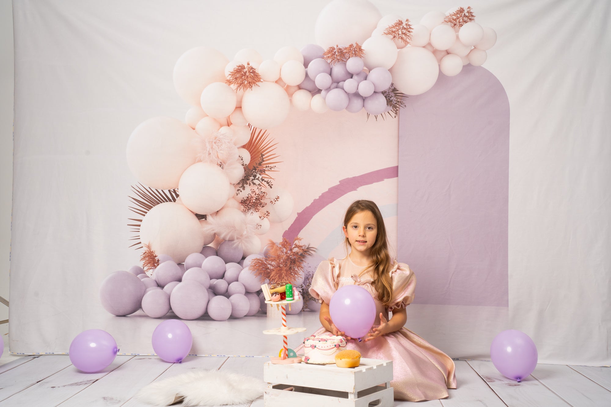 Kate Purple Boho Balloons Backdrop Cake Smash Designed by Uta Mueller Photography