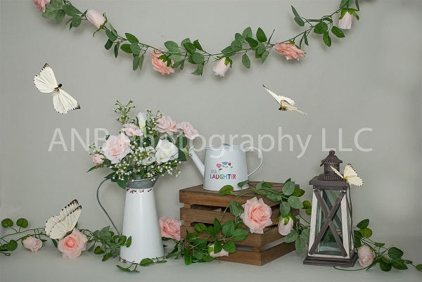 Kate Spring Fresh Floral Decoration Laughter with White Butterflies Backdrop for Photography Designed By ANB Photography LLC