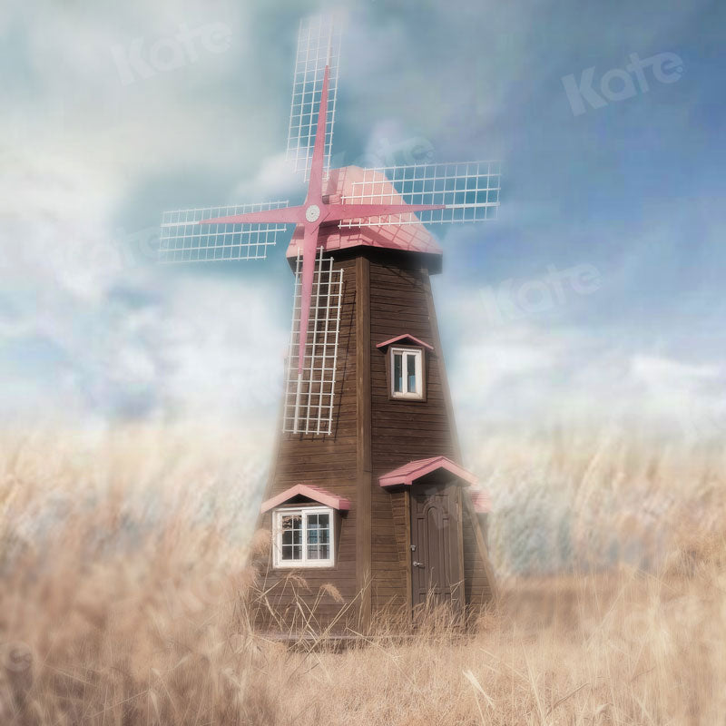 Kate Fall Backdrop Wheatfield Pink Windmill for Photography