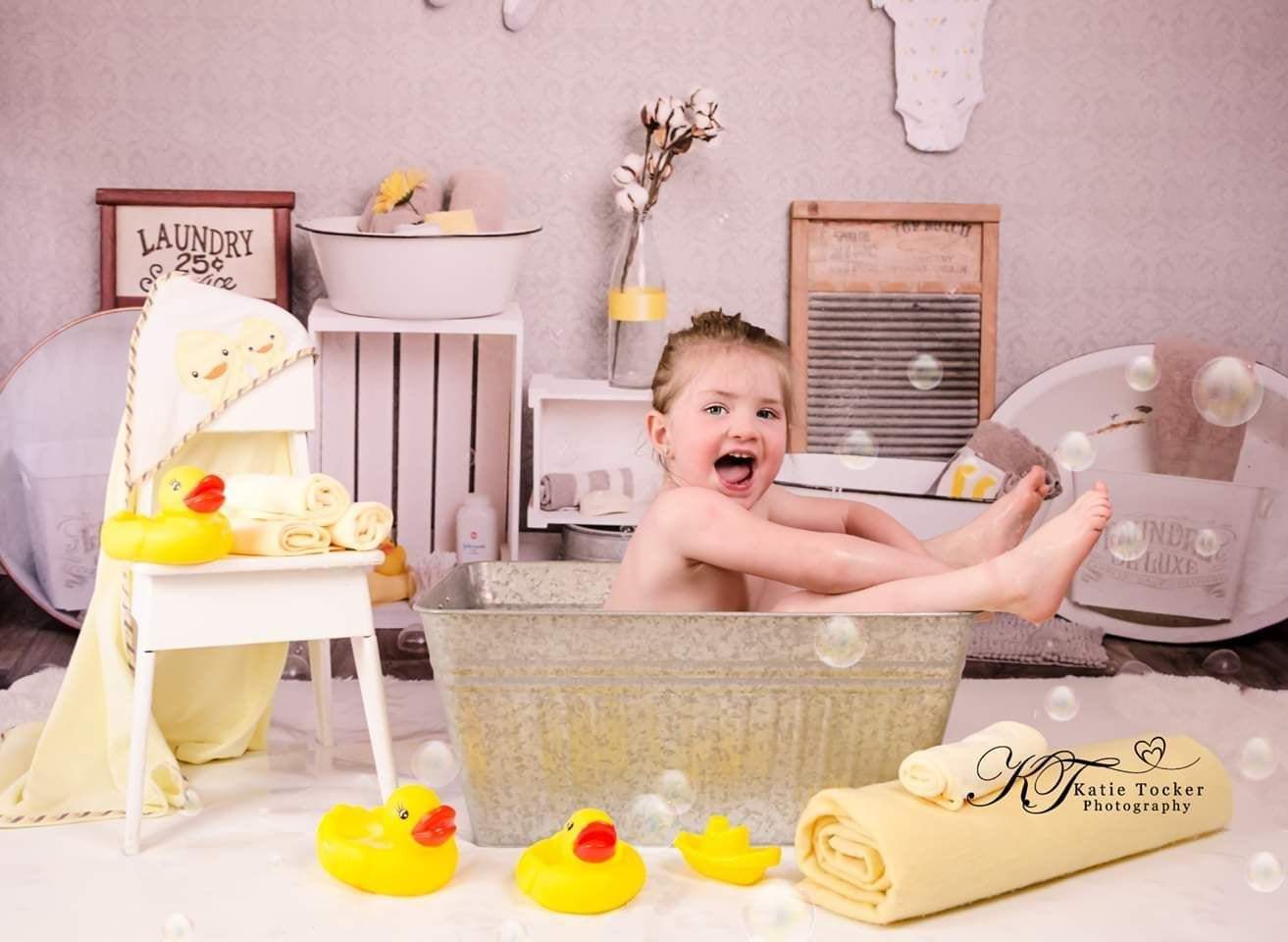 Kate Bath Time Baby Backdrop Summer Rubber Ducks and Bubbles Photos Designed by Erin Larkins - Kate Backdrop AU