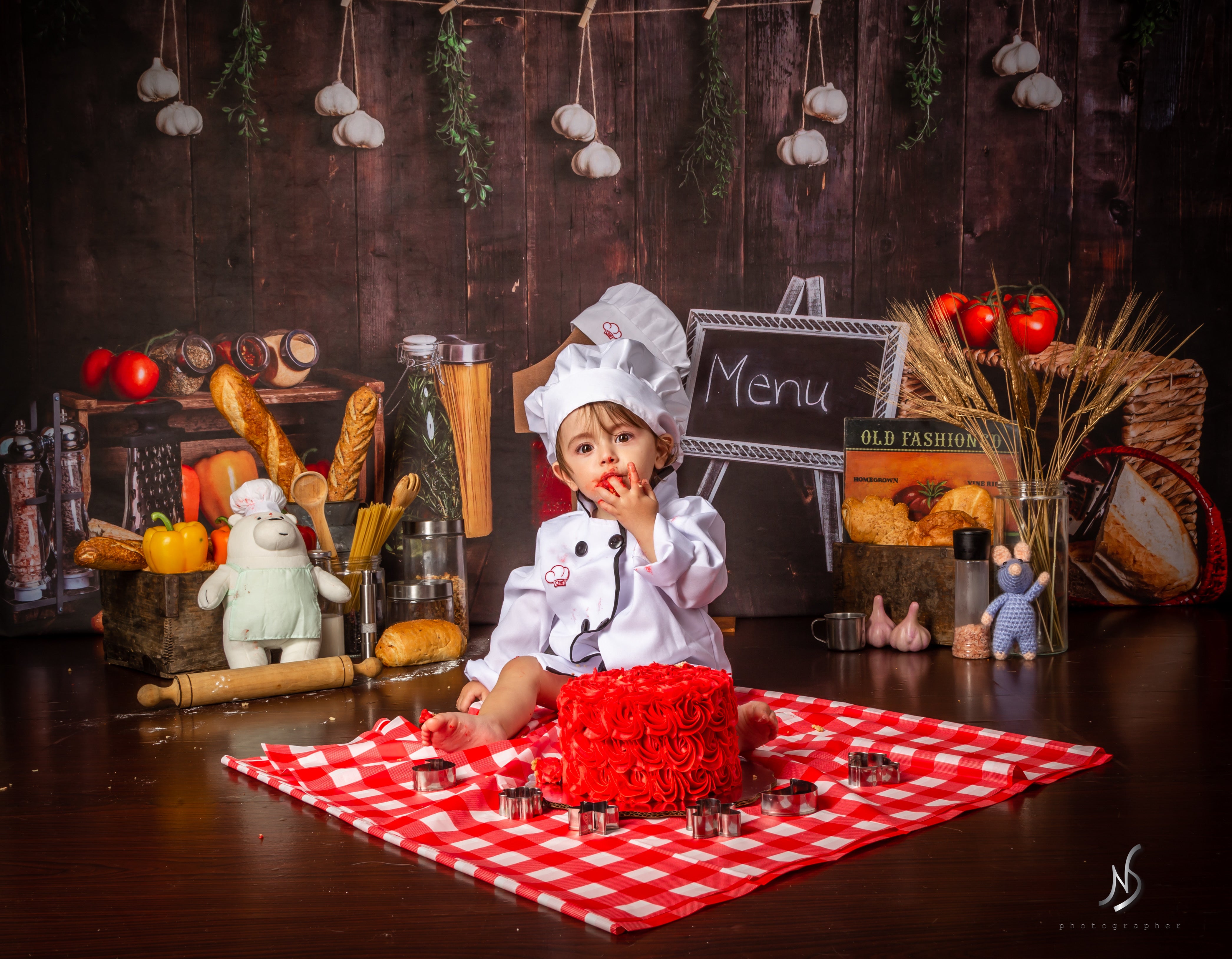 Kate Wood Kitchen Backdrop+Dark Wood Rubber Floor Mat