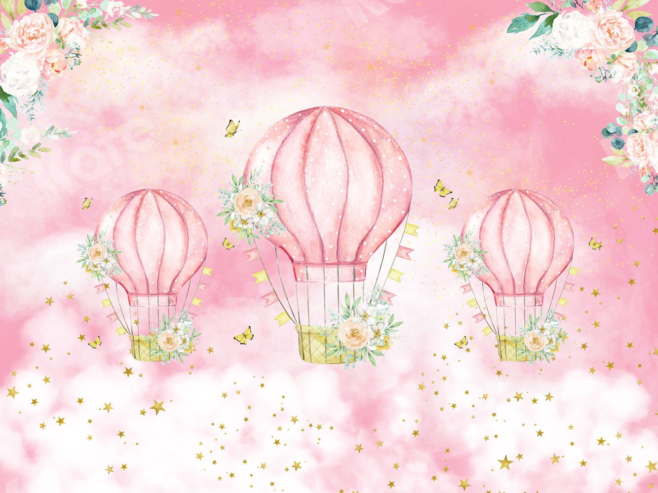 Kate Cake Smash Backdrop Stars Pink Clouds Hot Air Balloons Designed By JS Photography - Kate Backdrop AU