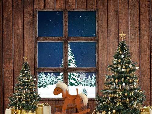 Kate Christmas Trees Decoration Window View Wood Backdrop for Photography Designed By Jerry_Sina