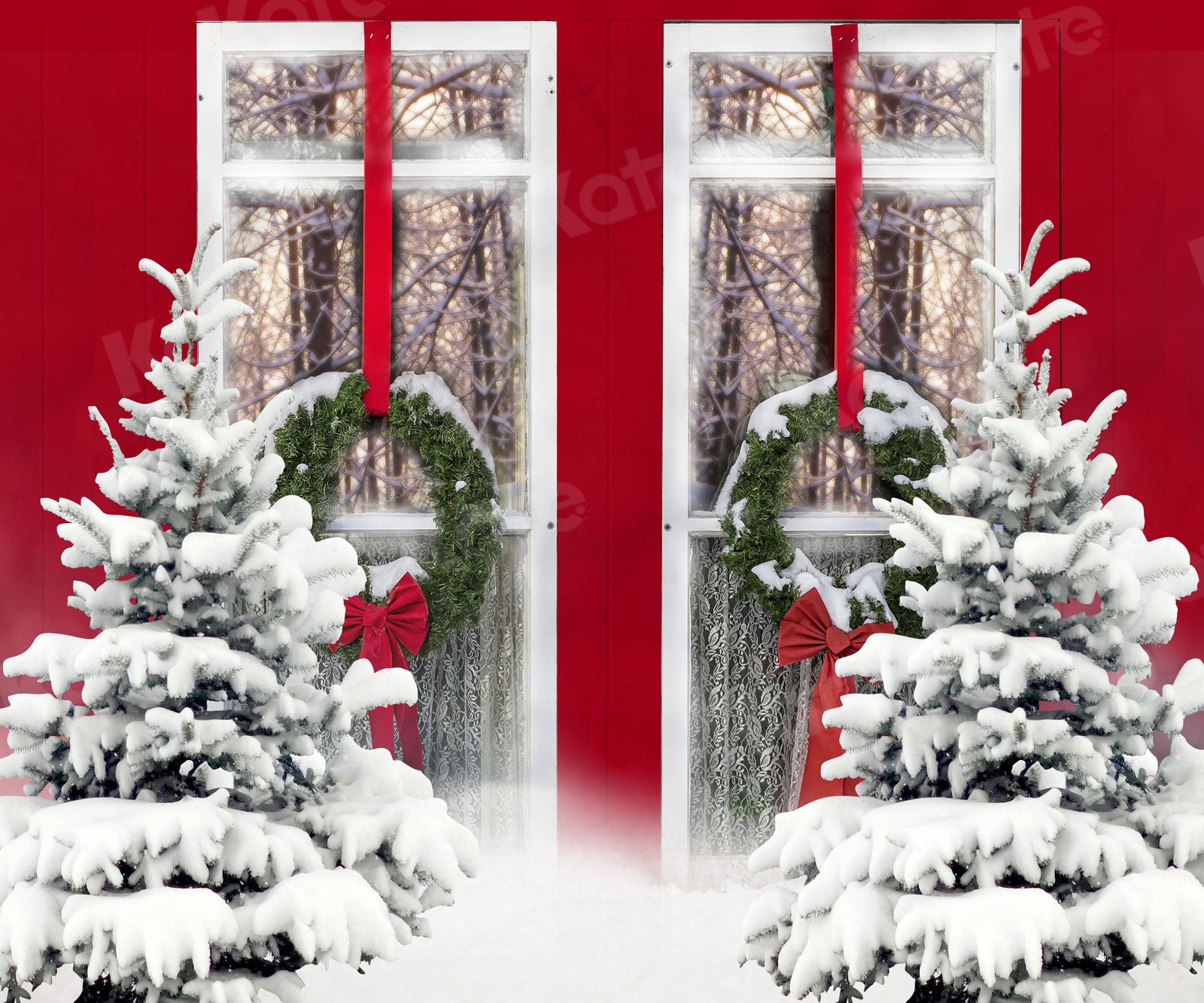 Kate Winter Snowy Pinetrees Red Window View Backdrop Designed By Jerry_Sina