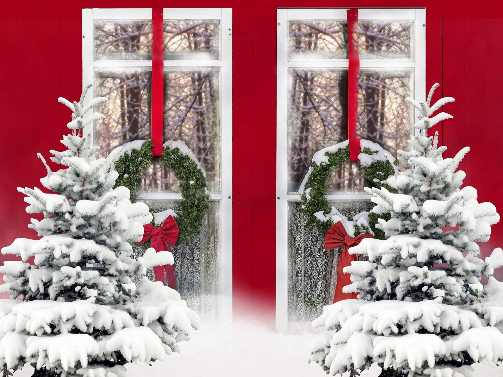 Kate Winter Snowy Pinetrees Red Window View Backdrop Designed By Jerry_Sina