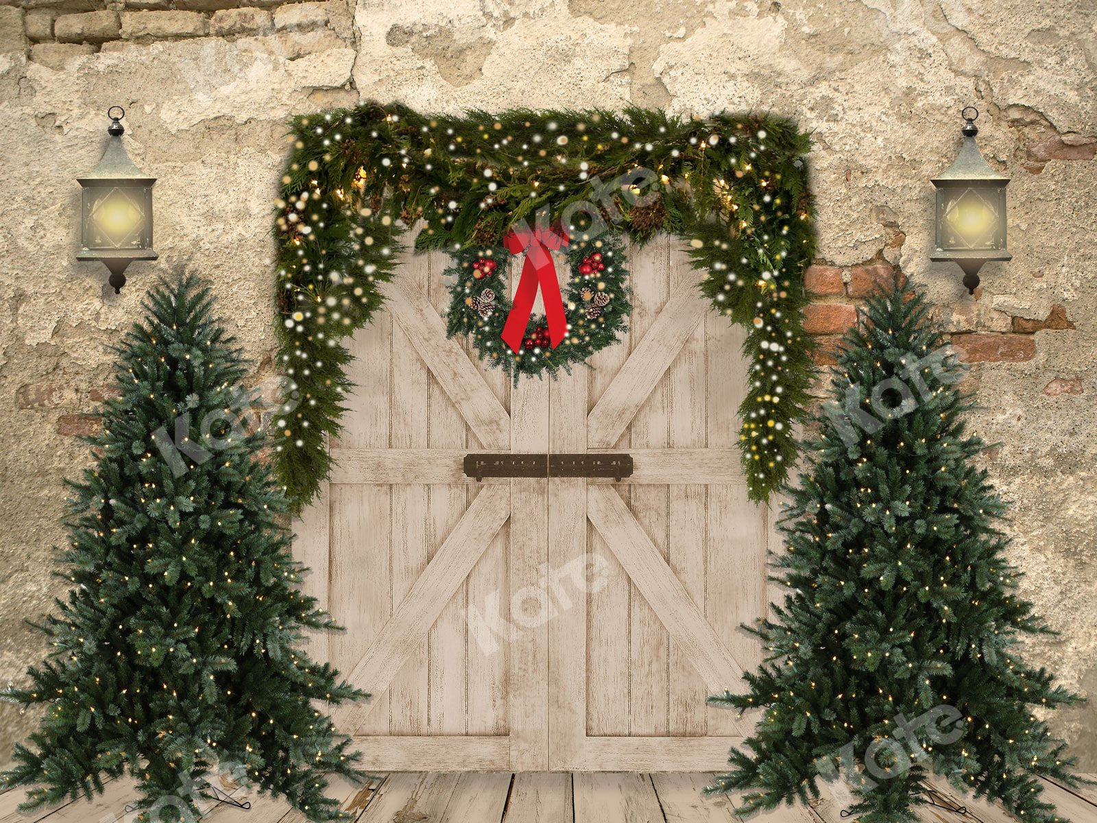 Kate Christmas Backdrop Brick Wall Door & Xmas Trees Designed By JS Photography