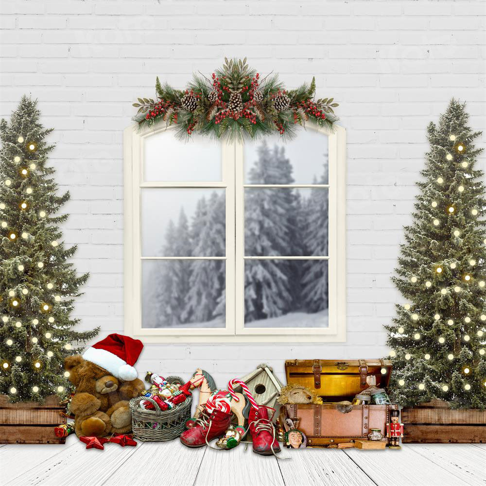 Kate Christmas Backdrop White Windows & Xmas Trees Designed By JS Photography - Kate Backdrop AU