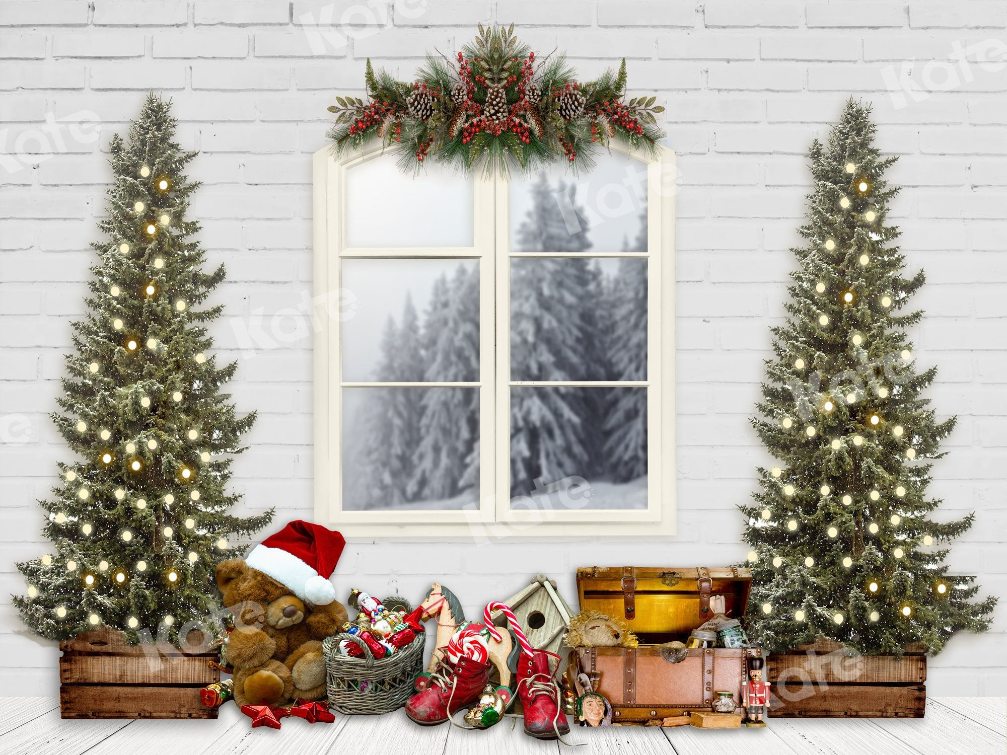 Kate Christmas Backdrop White Windows & Xmas Trees Designed By JS Photography - Kate Backdrop AU