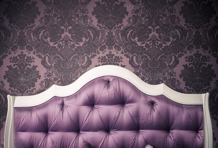 Kate White Purple Bed Tufted Headboard With Dark Pattern Printed Backdrop