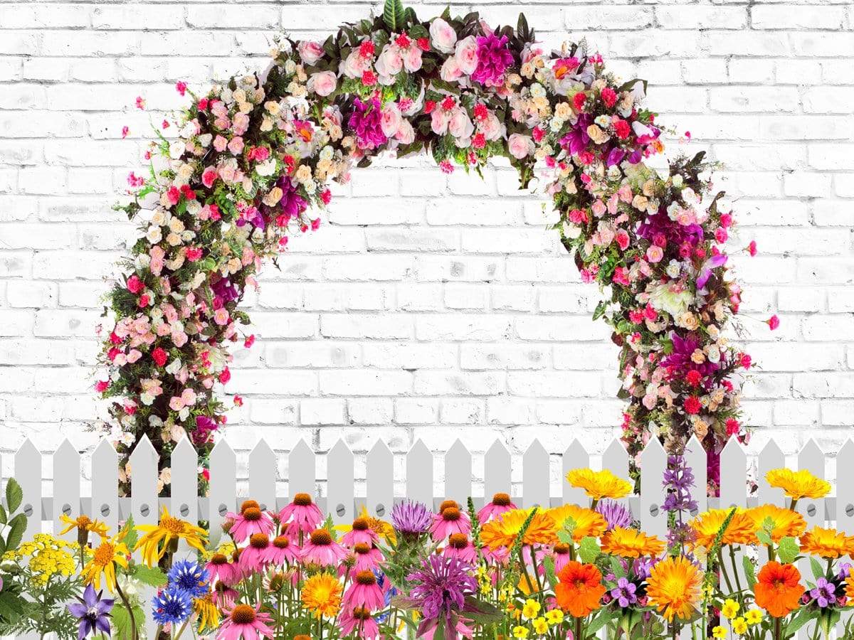 Kate Retro Brick with Spring Flowers and Fence Backdrop for Photography Designed by JFCC