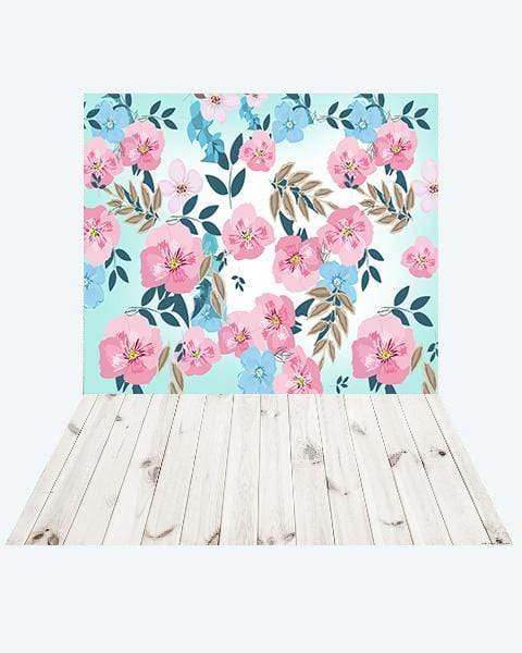 Kate Retro Spring Flowers Backdrop Designed by JFCC + White Wood Rubber Floor Mat