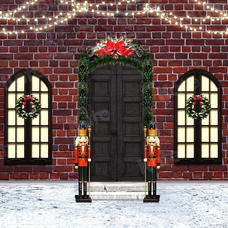 Kate Christmas Door with Windows Brick Wall Backdrop for Photography Designed by JFCC