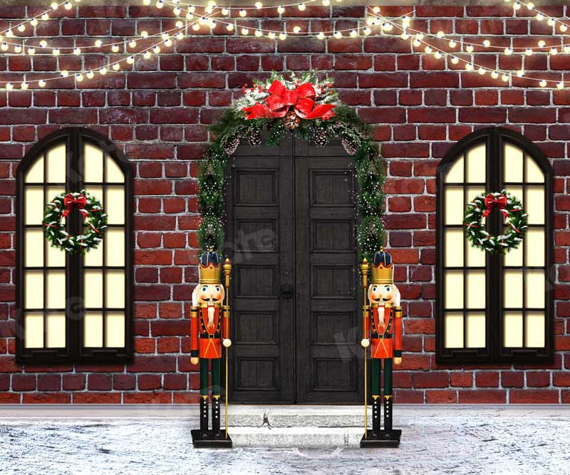 Kate Christmas Door with Windows Brick Wall Backdrop for Photography Designed by JFCC