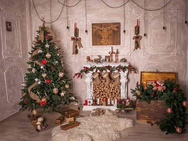 Katebackdrop£ºKate Christmas Tree Fireplace Gift Box Indoor Background