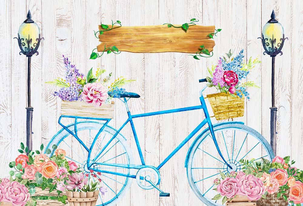 Kate Spring/ Valentine's Day Bicycle Flowers Wood Backdrop Designed by GQ