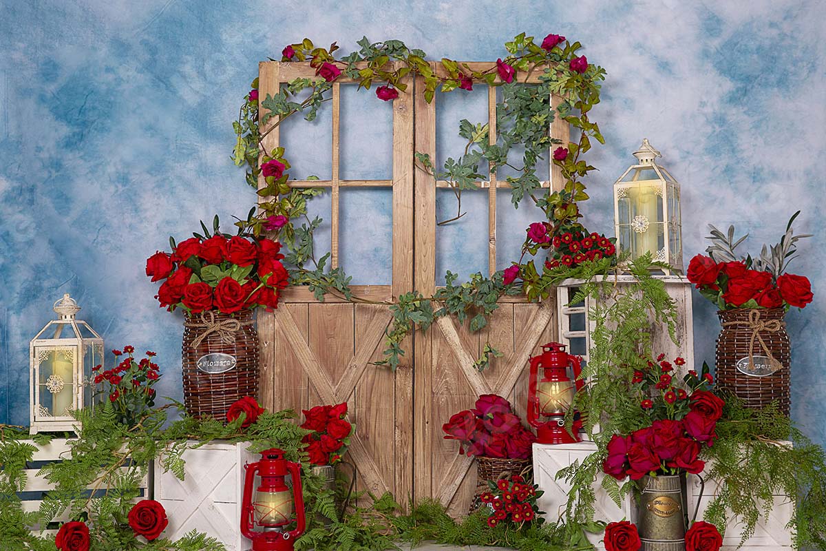 Kate Spring Red Rose Flowers Door Blue Backdrop Designed by Emetselch