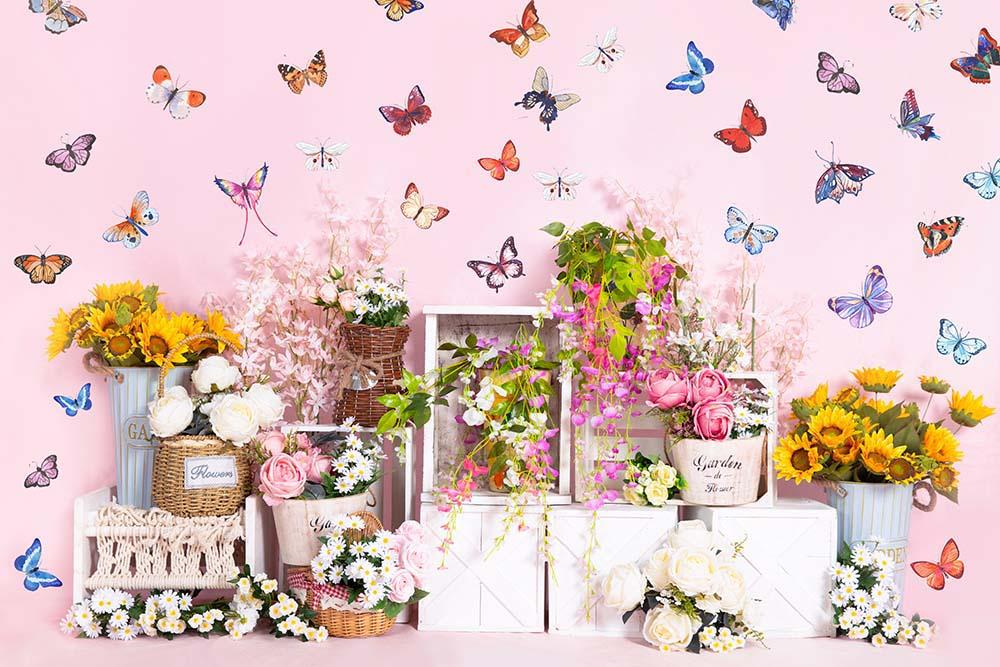 Kate Spring Flowers Butterfly Wall Backdrop Designed by Emetselch