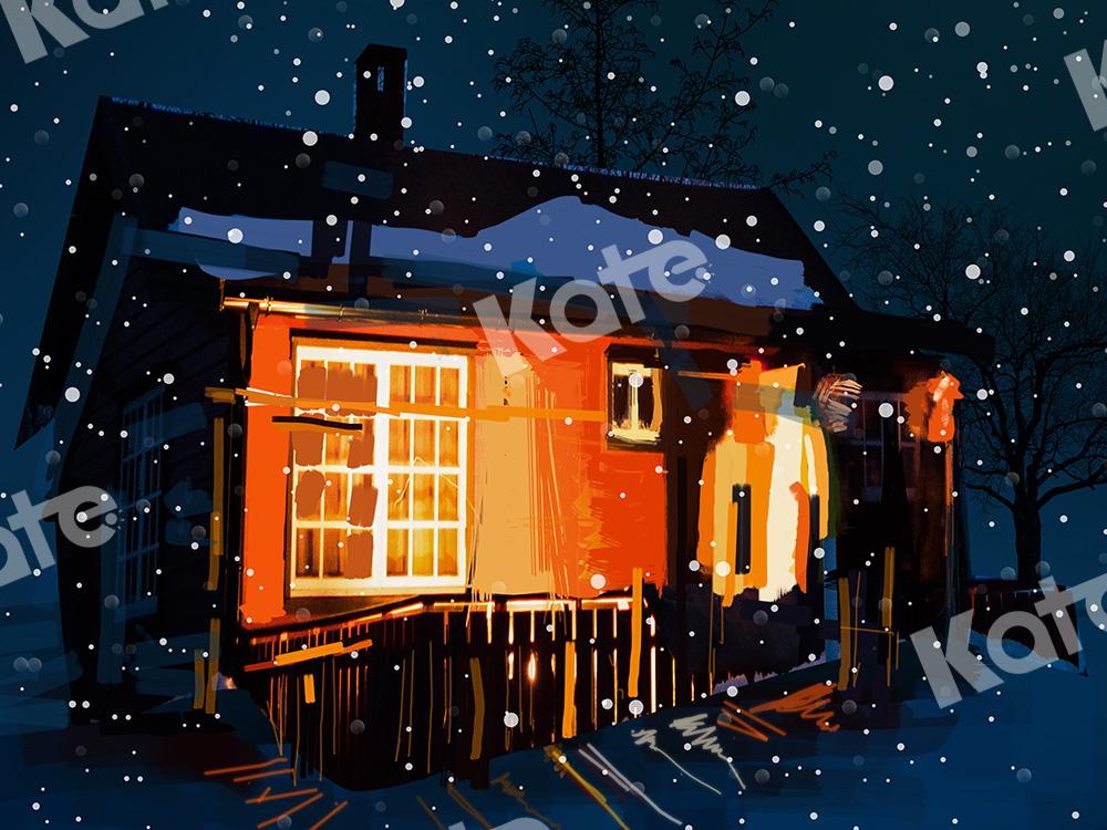 Kate Winter Backdrop Snow Night Warm House Designed by Chain Photography