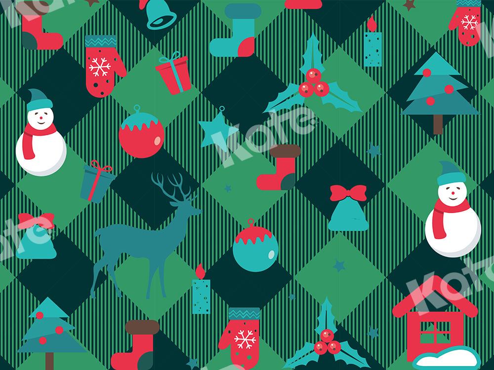 Kate Xmas Backdrop Snowman Green Plaid Designed by Chain Photography