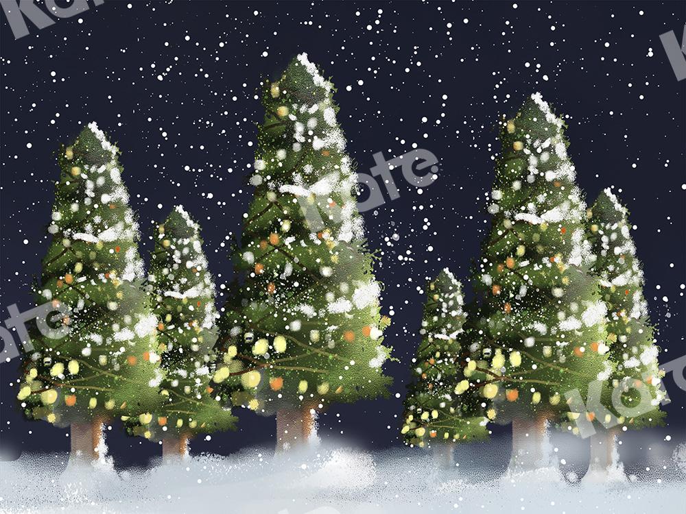 Kate Xmas Backdrop Christmas Trees with Lights Snow Night Designed by Chain Photography