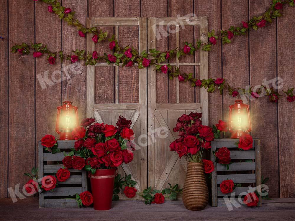 Kate Valentine's Day Red Roses Wood Lights Backdrop Designed by Emetselch