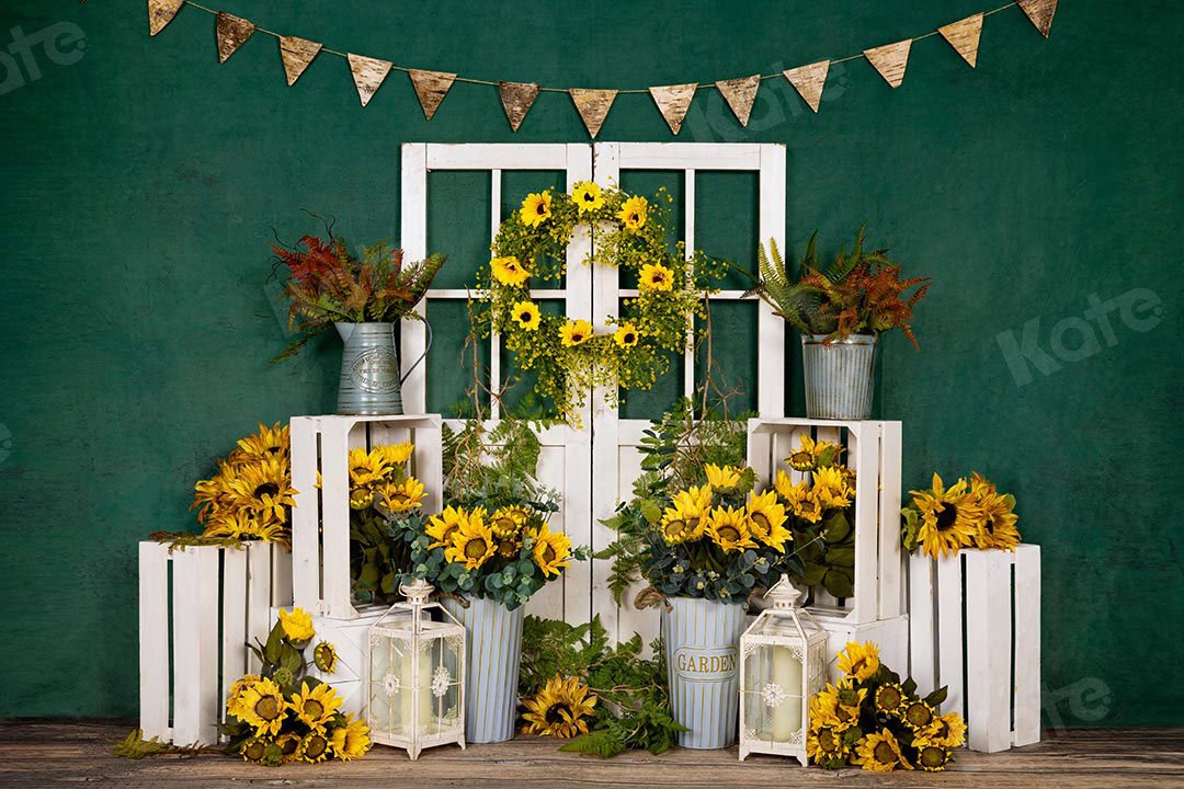 Kate Spring Sunflowers White Door Green Backdrop Designed by Emetselch