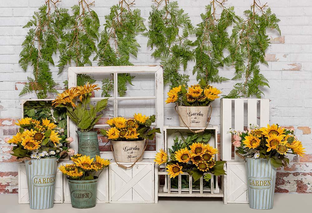 Kate Spring Sunflower Backdrop White Wooden Wall Designed by Emetselch