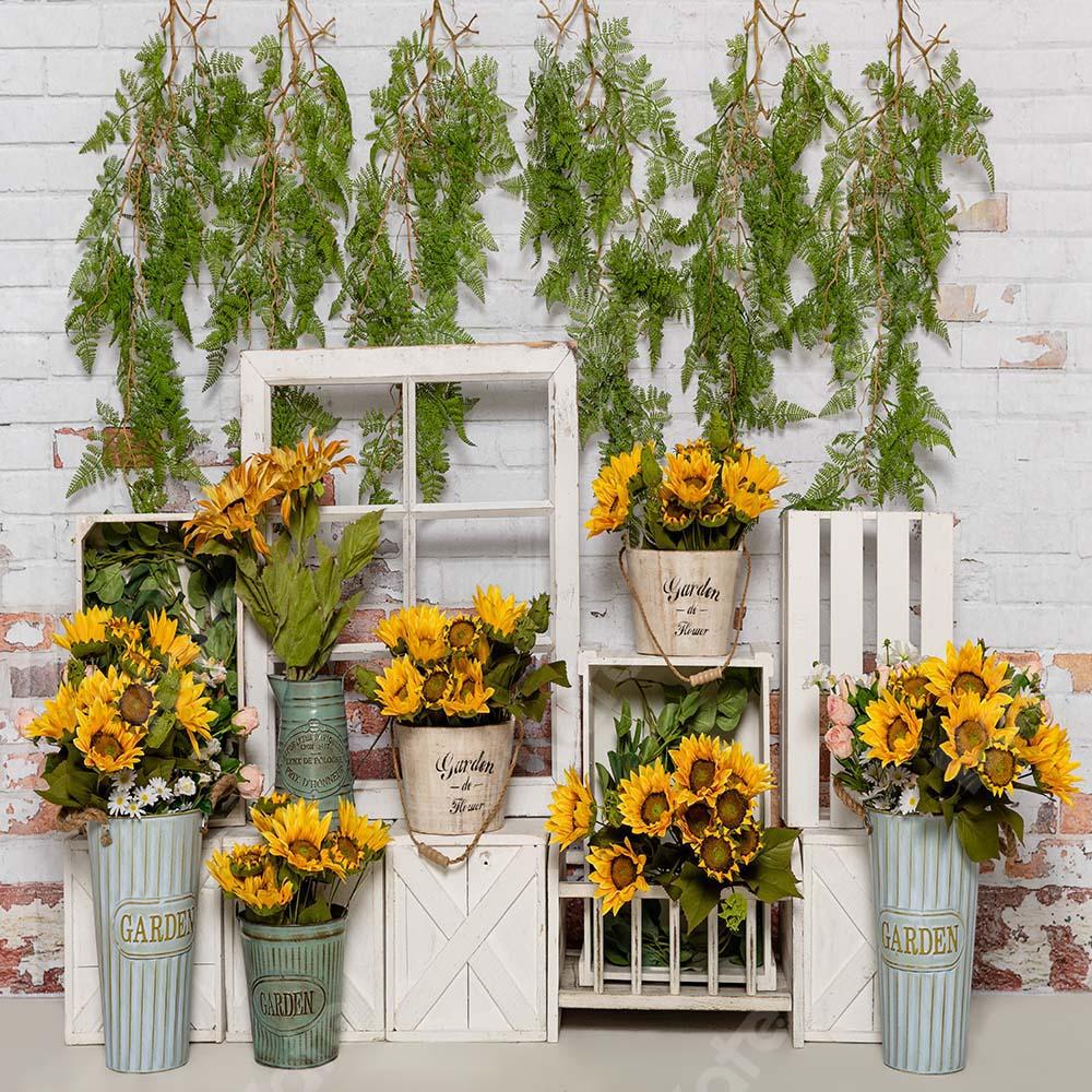 Kate Spring Sunflower Backdrop White Wooden Wall Designed by Emetselch